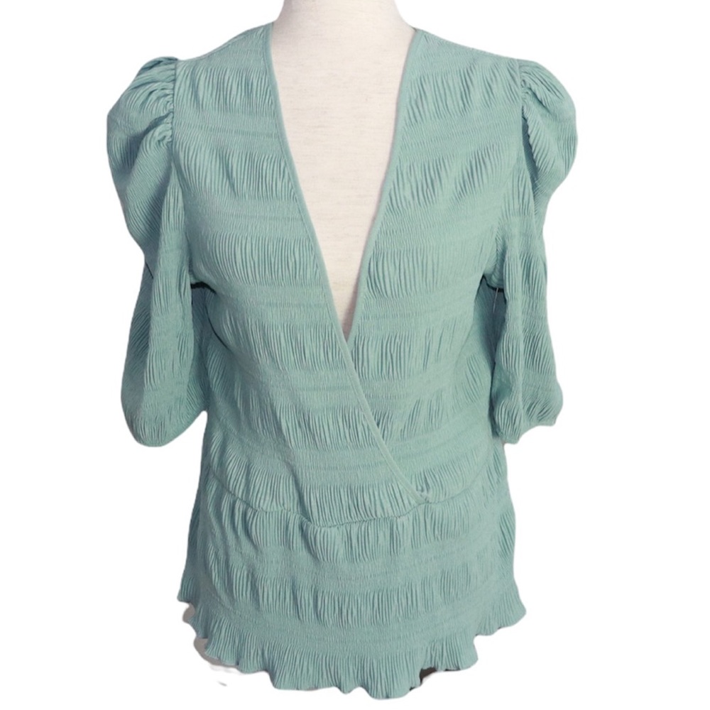 ASOS Mint Green Ribbed Faux Wrap v-Neck Puff Sleeves Shirt 14